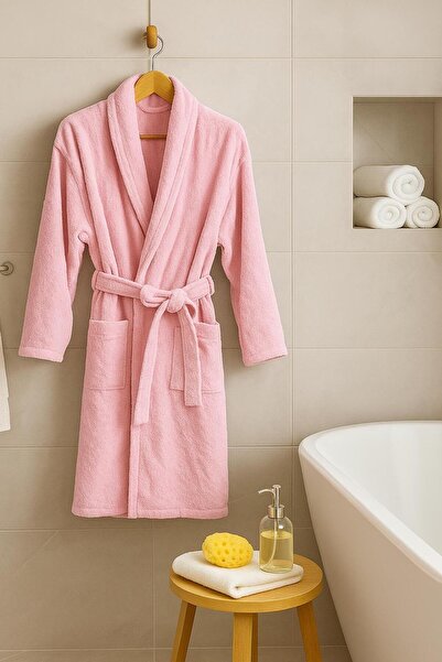 LUNGA VİTA Pink Curling Robe 100% Cotton Kimono Collar Without Hood