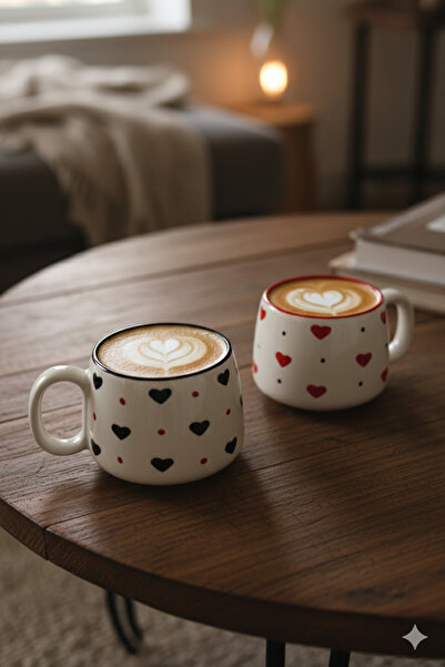 Gezdikçe Bilelim 2-Person Black and Red Heart Handmade Double Ceramic Mug, Ceramic Mug, Mug, Handmade