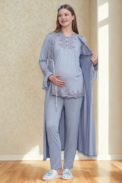 big mama طقم بيجامة نسائية أنيقة للحوامل مكون من 3 قطع - 100% قطن ممشط - سهول...