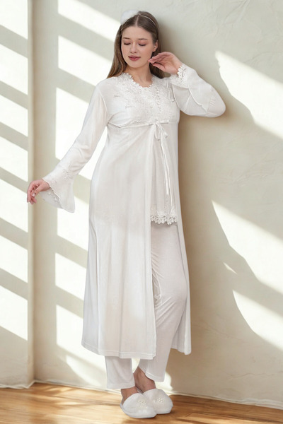 big mama طقم بيجامة نسائية أنيقة للحوامل مكون من 3 قطع - 100% قطن ممشط - سهول...