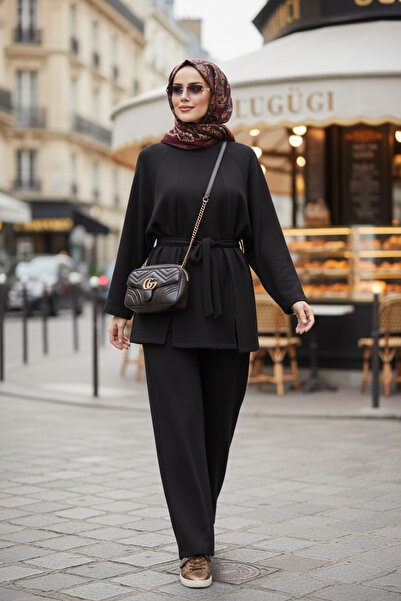 Aselim Hijap Moda Belted Modal Slit Double Hijab Set Black