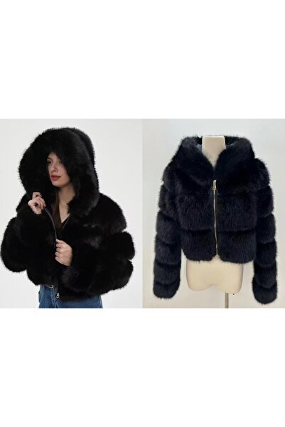 DENRA Black faux fur jacket with hood
