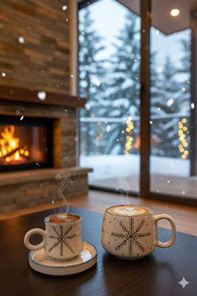 Gezdikçe Bilelim My Dear Self Series Snowflake Patterned, Handmade Ceramic and Mug Set, Mug, Hand Made