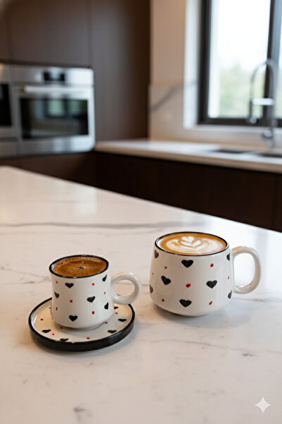 Gezdikçe Bilelim My Dear Self Series Black Heart Patterned, Handmade Ceramic and Mug Set, Mug, Hand Made