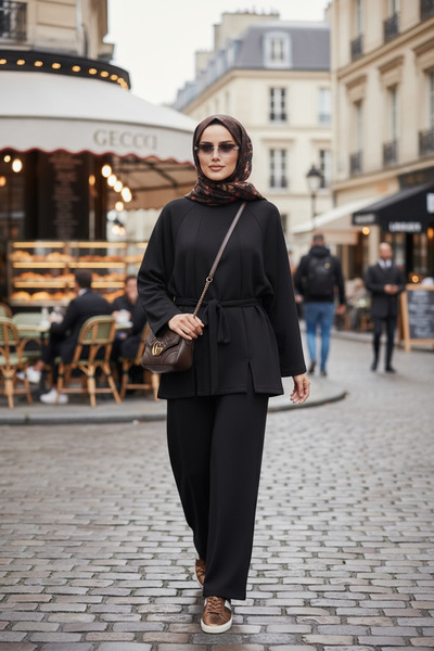 Aselim Hijap Moda Belted Modal Slit Double Hijab Set Black