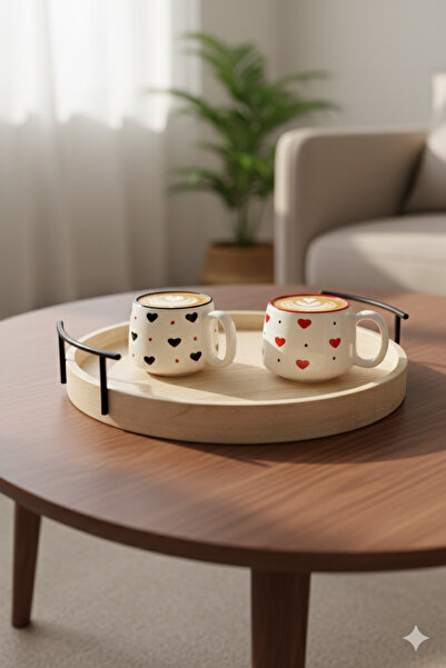 Gezdikçe Bilelim 2-Person Black and Red Heart Handmade Double Ceramic Mug, Ceramic Mug, Mug, Handmade