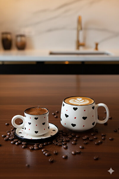 Gezdikçe Bilelim My Dear Self Series Black Heart Patterned, Handmade Ceramic and Mug Set, Mug, Hand Made