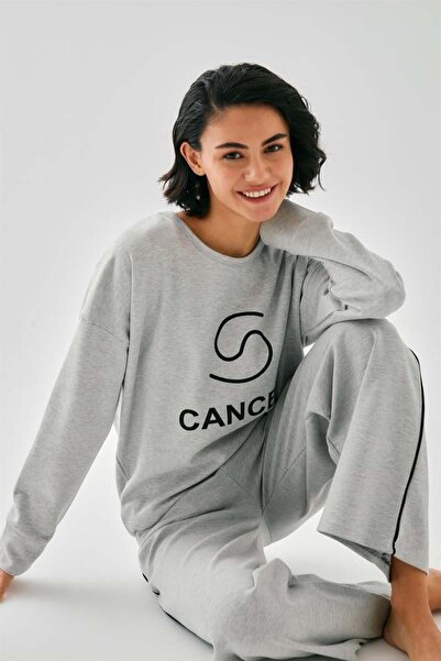 modaserdem Mdsrdm Women's Gray Cancer Zodiac Sign Oversized 2 Thread Tracksuit Home Wear Set