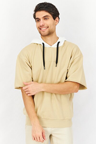 John Richmond Men Short Sleeve Solid Hoodie, Beige