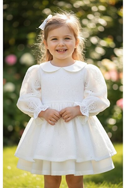 bright moon Girl's Polka Dot Dress with Balloon Sleeves and Collar Detail