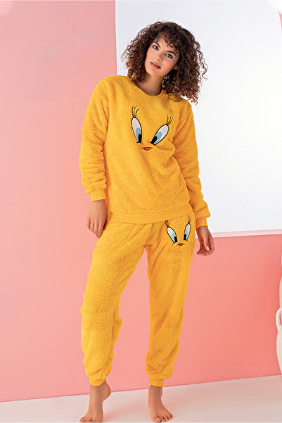 Mrs Justin Kadın Welsoft Sarı Civciv Sevimli Figürlü Peluş İkili Pijama Takımı
