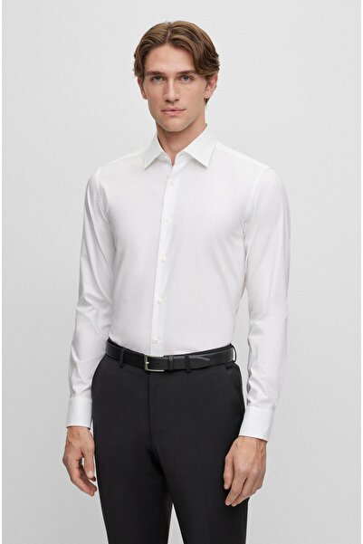BOSS Erkek Marka Logolu Düğmeli Gömlek Yaka Uzun Kollu Beyaz Gömlek 50479922-100
