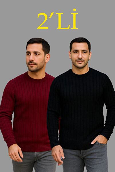 oniks store Men's Corded Fabric Knitwear Sweater Set of 2 – Black - Claret Re...