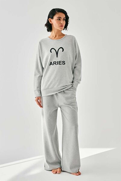 modaserdem Mdsrdm Women's Gray Aries Zodiac Sign Oversized 2 Thread Tracksuit Home Wear Set