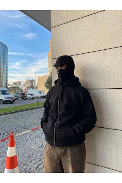 civetta Samurayninja Double Hooded Zip Full Zip Hoodie Swetshirt with Kangaroo Pocket - Black