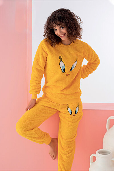 Mrs Justin Kadın Welsoft Sarı Civciv Sevimli Figürlü Peluş İkili Pijama Takımı