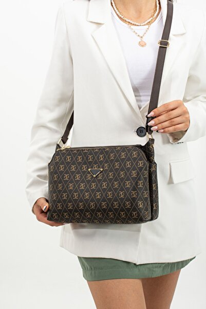 mugalas Brown Patterned Garnished Three-Compartment Adjustable Long Strap Women's Shoulder Bag