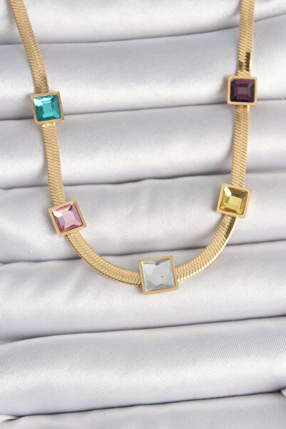 shopwave 316L الصلب الذهب اللون سلسلة الإيطالية نموذج مربع ملون الزركون حجر المرأة قلادة