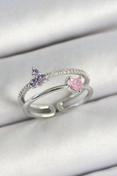 shopwave خاتم نسائي من النحاس على شكل قلب وزهرة من حجر الزركون باللون الفضي قابل للتعديل