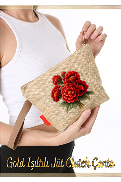 AGG Reklam Gold Sparkling Jute Clutch Bag Flower Printed -3 1 Piece