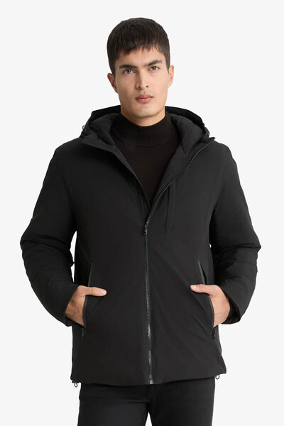 DeFacto Water Repellent Regular Fit K Hooded Zippered Pocket Black Men's Coat A2620Ax/Bk27