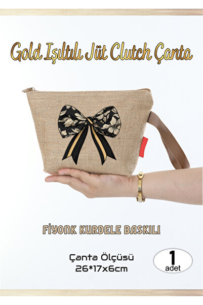 AGG Reklam Gold Sparkling Jute Clutch Bag Bow Ribbon 1 Piece