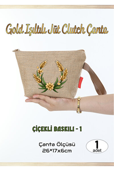 AGG Reklam Gold Sparkling Jute Clutch Bag Flower Printed -1 1 Piece