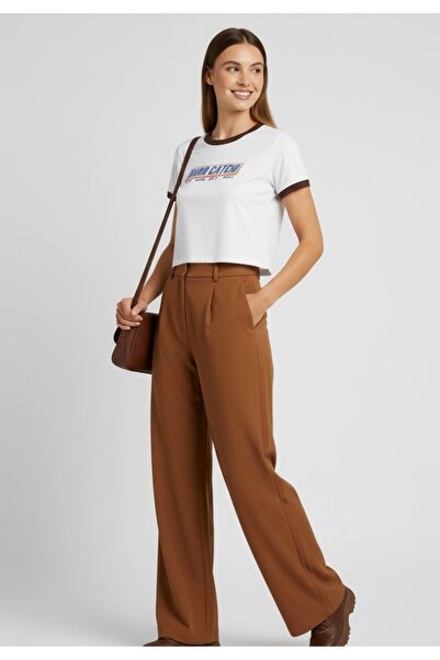 AS Anita Store Hard Catch Retro Script Ringer Crop Top T-Shirt - Brown Piped Bodycon Fit Mold