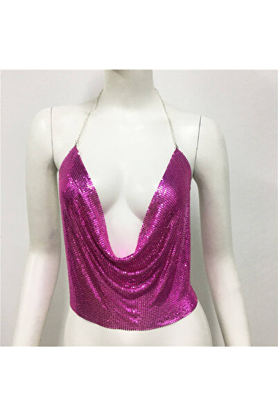 Sepetiva Shiny Fuchsia Crop & Blouse Sleeveless Boat Neck Armor Bustier