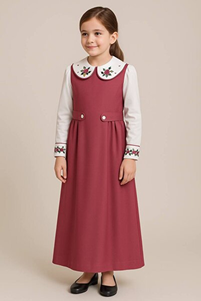 La reina petite Larina Petite pink elementary school pinafore with embroidered shirt and roses on the sleeves and collar