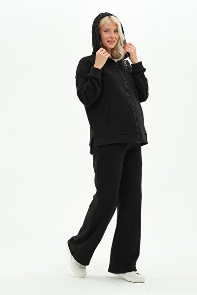 BUSA Maternity Adjustable Waist Front Zipper Hooded Tracksuit Set Black