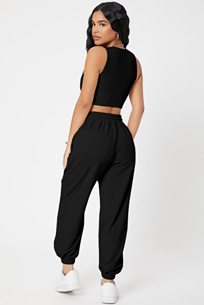 babatr.com Women's Black Camisole Pocket Jogger Sweatpants and Crop Top Blouse