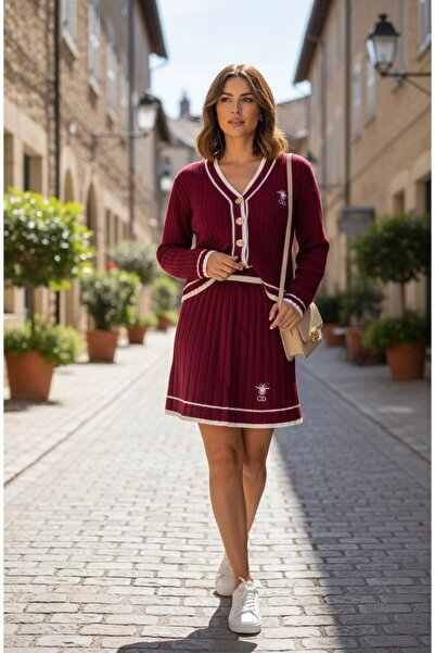 YusGos Women's Striped Knitwear Cardigan Pleated Mini Skirt College Bottom Top Set