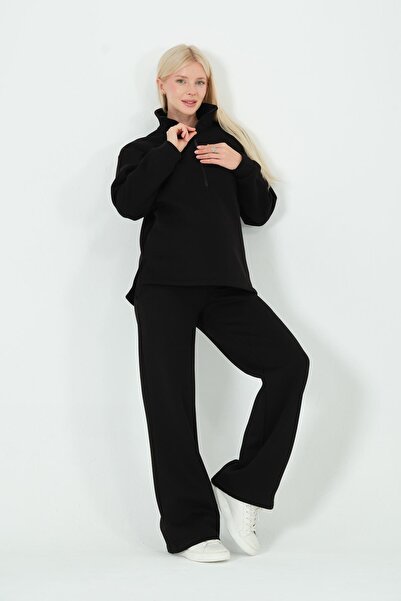 BUSA Maternity Adjustable Waist Wide Leg Zippered Thermal Tracksuit Set Black