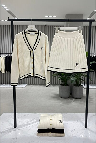 YusGos Women's Striped Knitwear Cardigan Pleated Mini Skirt College Bottom Top Set