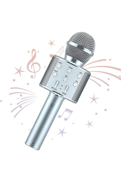 Eliandeco Karaoke Microphone with Wireless Speaker, Noise Reduction, Bluetooth, AUX, SD, USB - Silve