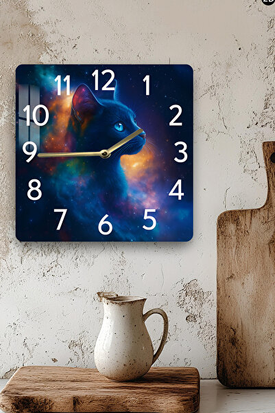 kutuTR 3D Looking Tempered Glass Square Clock – Cat in Space Themed Uv Printing 33X33 cm - Kcs131