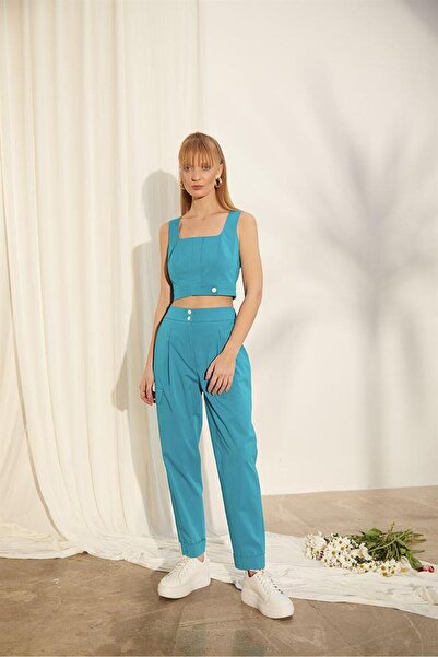 Naar talie înaltă și Pantaloni turcoaz pentru femei cu închidere cu nasturi -...