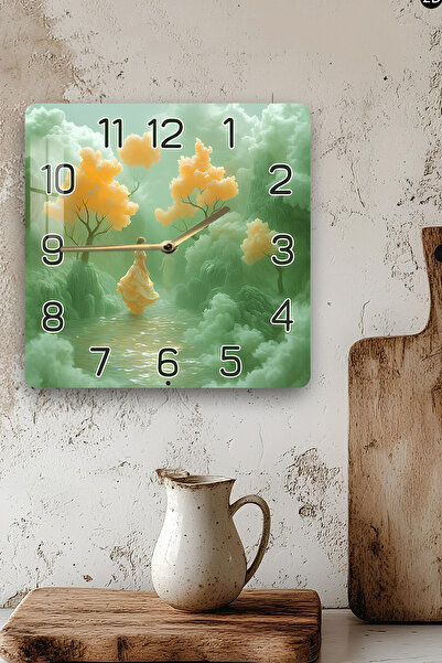 kutuTR 3D Look Tempered Glass Square Clock – Green Forest and Yellow Dress Themed Uv Printing 33X33 cm - Kcs135