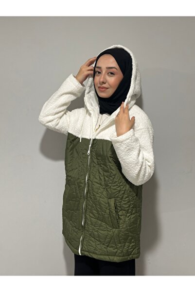 moda çağdaş Kapüşonlu Yarı Peluş Kapitone Mont