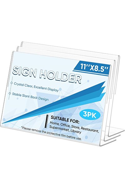 Slasa 3 Pack 11x8.5 Horizontal L Shape Acrylic Sign Holder Clear Plastic Display Stand