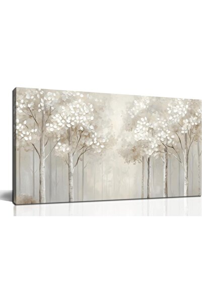 Emoda home Trove لوحة جدارية كبيرة من قماش الغابة، 60×120 سم، شجرة البتولا الضبابية البيضاء لغرفة المعيشة