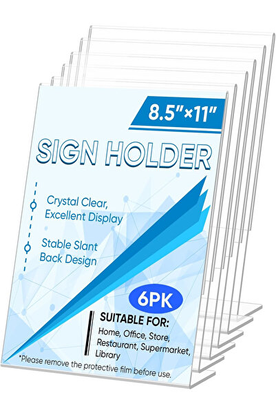 Slasa 6 Pack L Shape Acrylic Sign Holder 8.5x11 Clear Plastic Display Stand for Office Store