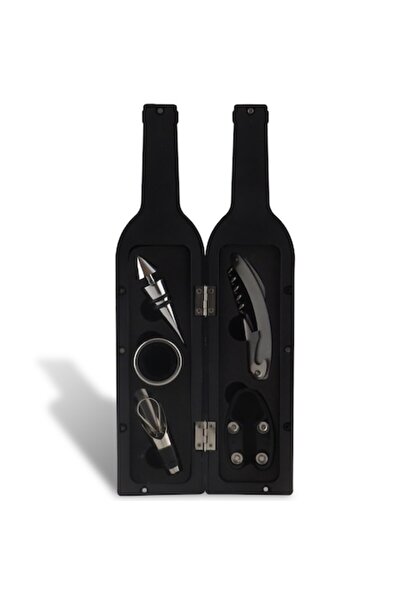 OEM Wine Accessories Set, Bottle-shaped Box, Black, 5 Pieces, Metal Alloy/Rubber