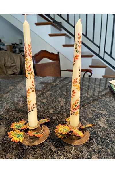 Hatice sakallı design 2'li Sonbahar Yaprak desenli el boyama mum