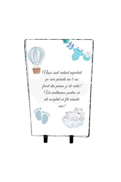 OEM Placă de ardezie cu mesaj pentru nași – Cadou de botez pentru băiețel, design cu ursuleț și balon