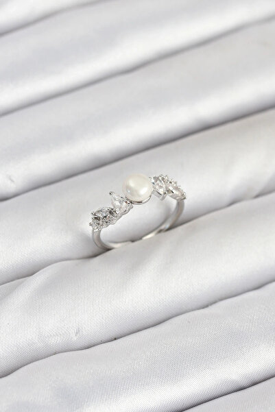 shopwave خاتم نسائي موديل مرصع بالزركون واللؤلؤ بلون فضي نحاسي