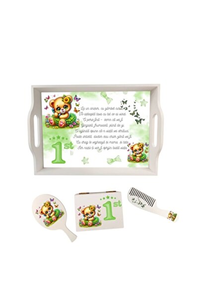 OEM Set de tăiere pentru fetițe, verde, cu ursuleț – Tavă personalizată, perie, pieptene și cutie de suveniruri