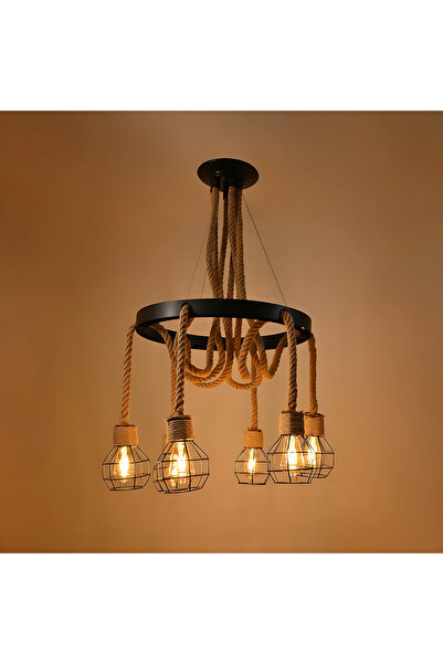 ETRONIK 6 Lights American Industrial Iron Cage Pendant Light Fixture w Hemp Rope Ceiling Chandelier