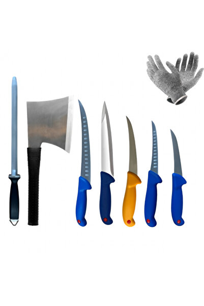 Herum 8-piece Butchery Knife Set with Cleaver, Masat and Protective Gloves, Colored Handles